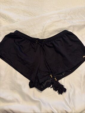 Rip Curl Black Laser-Cut Tassel Drawstring Athletic Shorts
